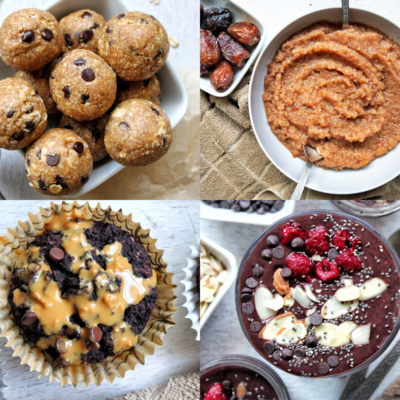 Gluten-free cookie dough balls, applesauce, chocolate muffins, chocolate chia seed pudding
