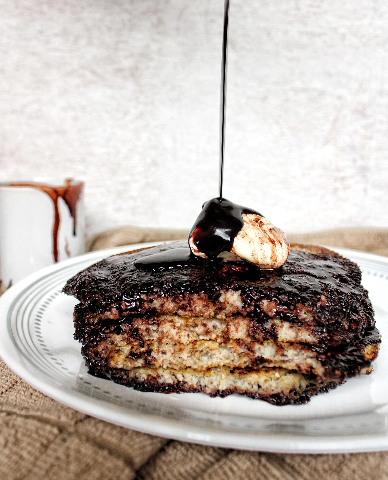 Oat bran pancakes with chocolate syrup