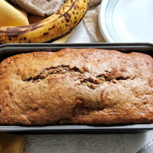Banana bread in a loaf pan.