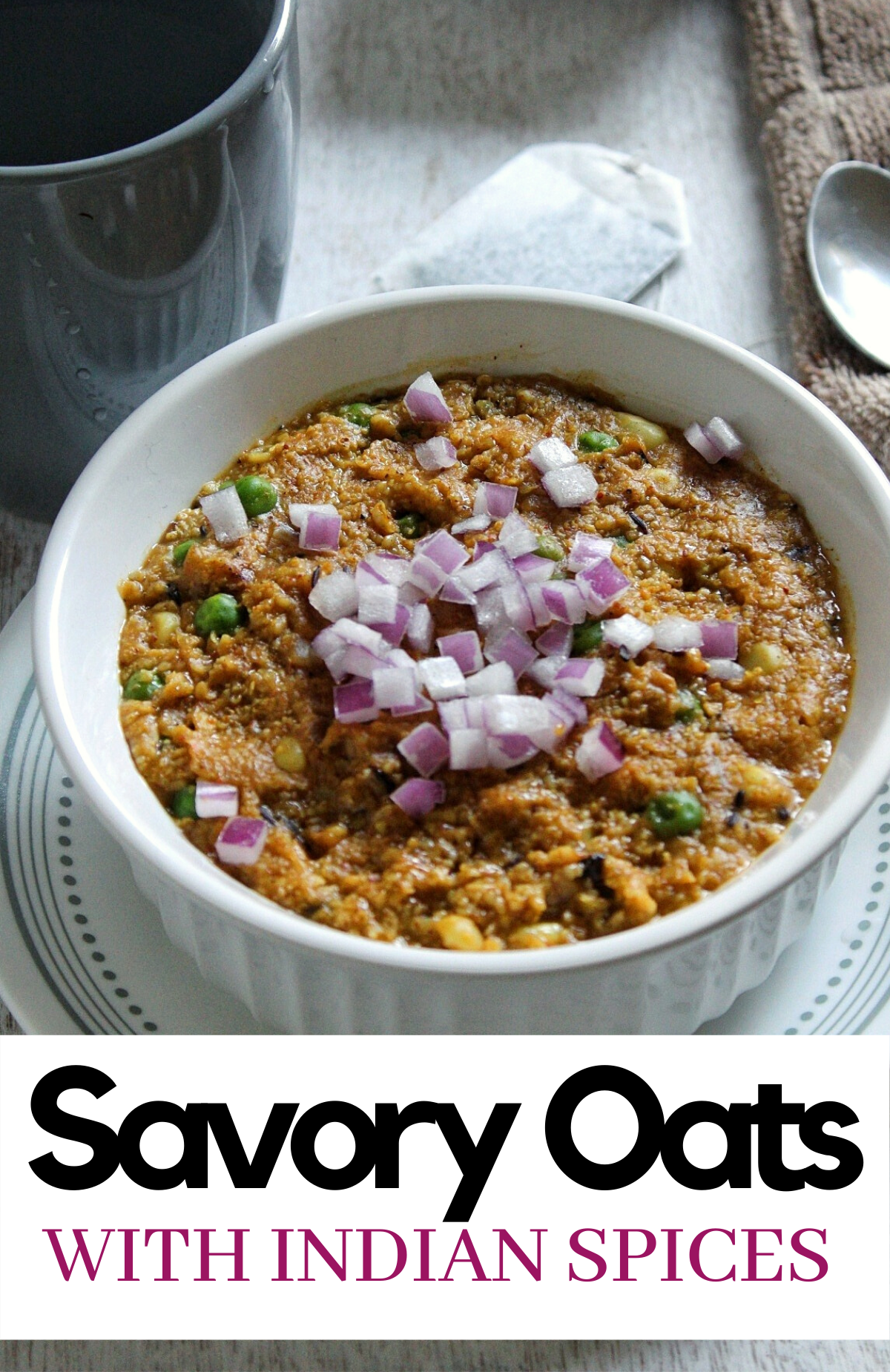 Spiced oat bran with red onions in a white bowl 