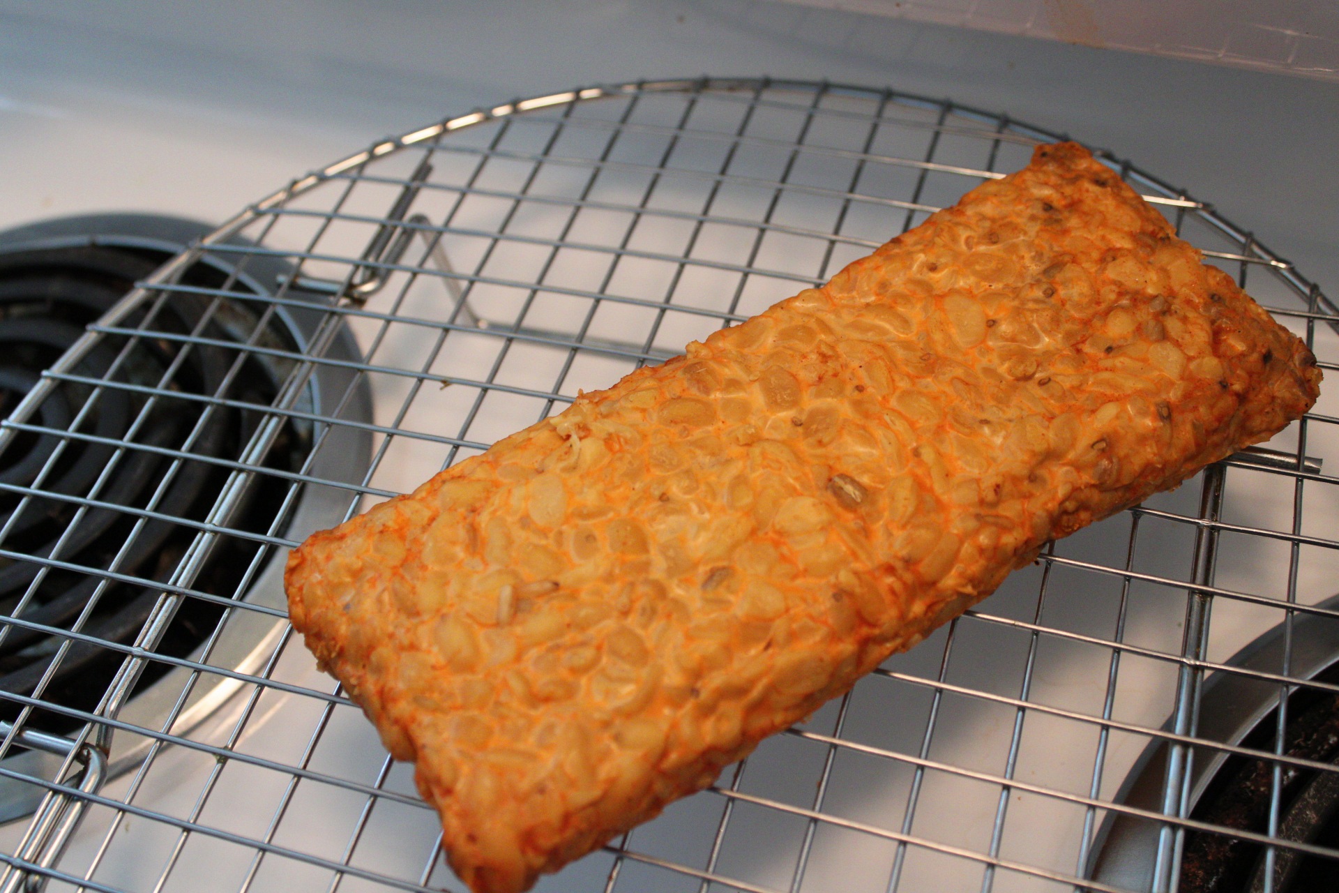 Steamed, flavored tempeh on a cooling rack