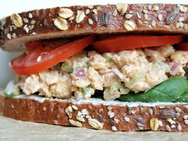 Chickpea salad sandwich on a seeded bread