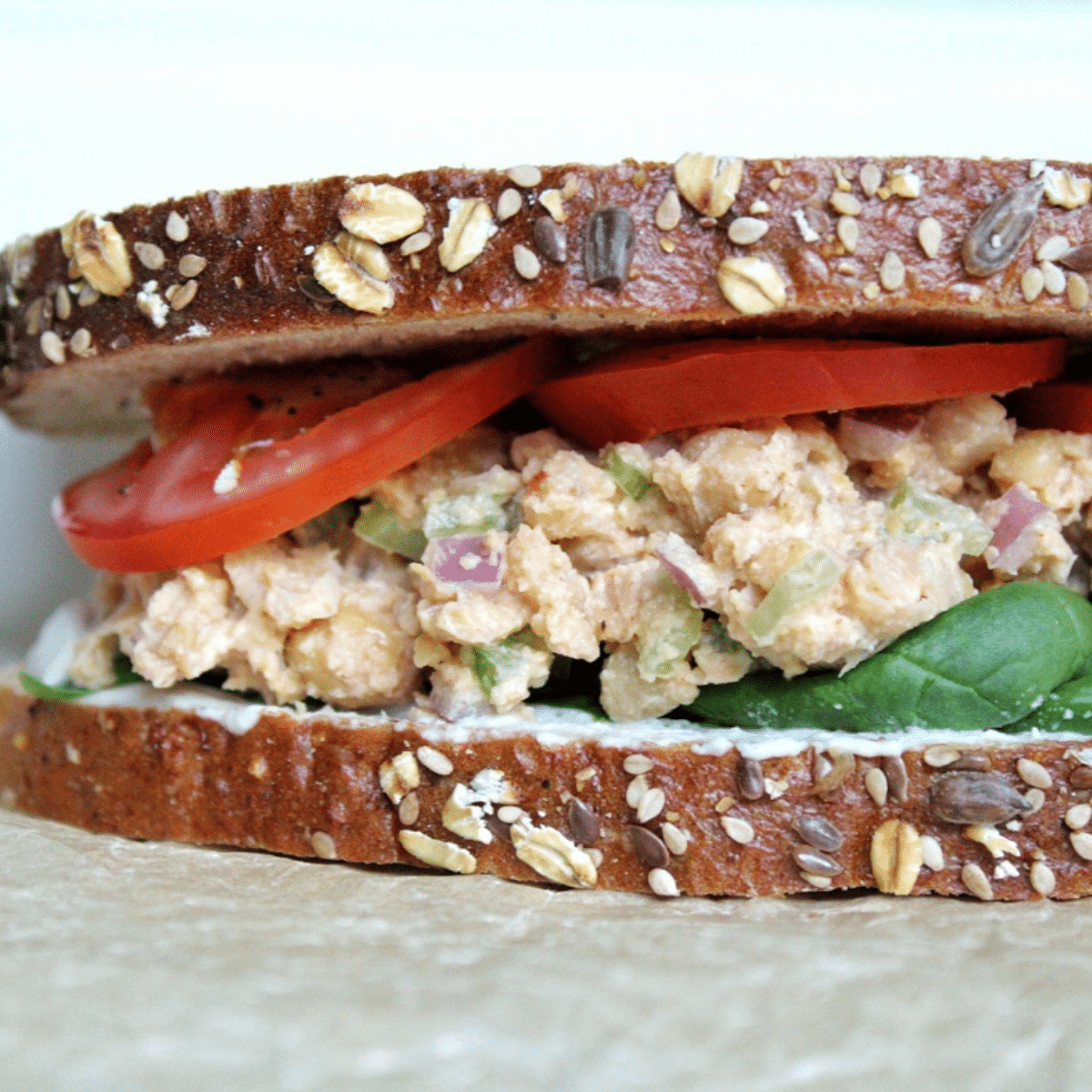 Chickpea salad sandwich on a seeded bread