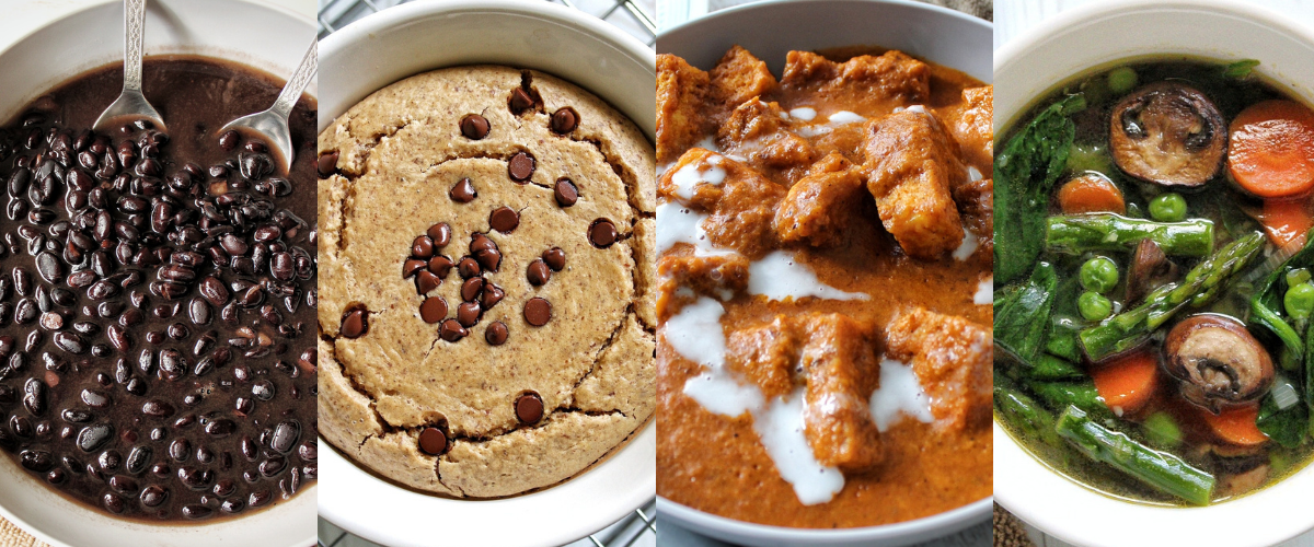 Collage with 4 images of food. Black beans, baked oatmeal, vegan butter chicken, and spring soup.