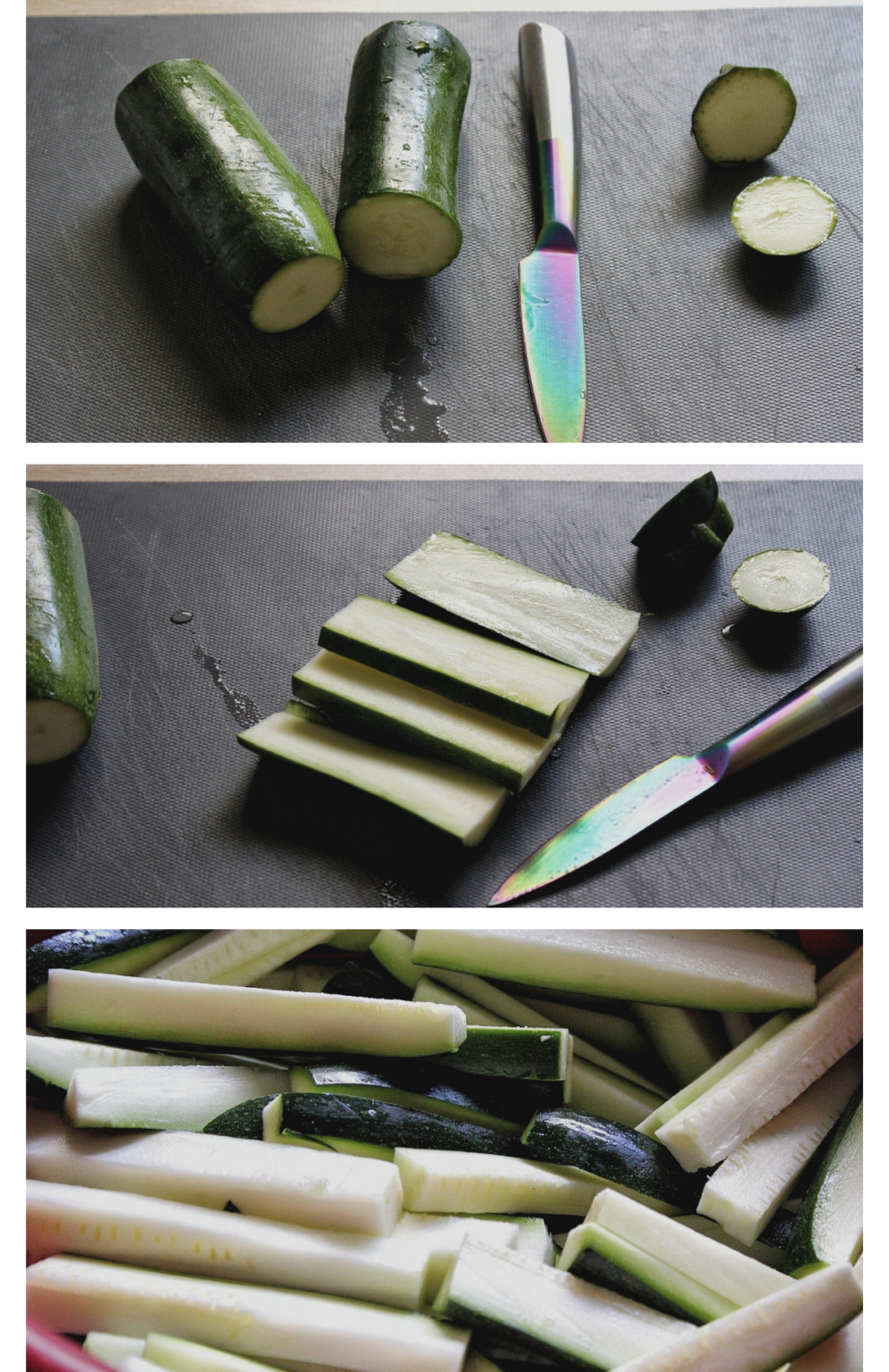 Collage with steps showing how to cut zucchini into fries 