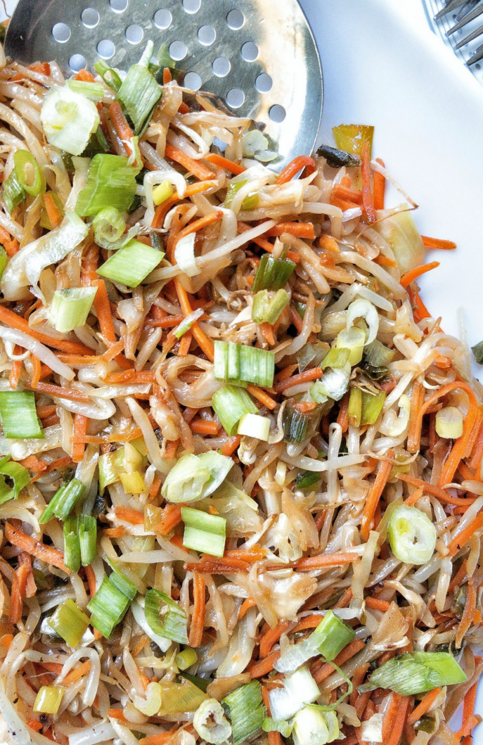 Mung bean sprouts with vegetables on a platter. 