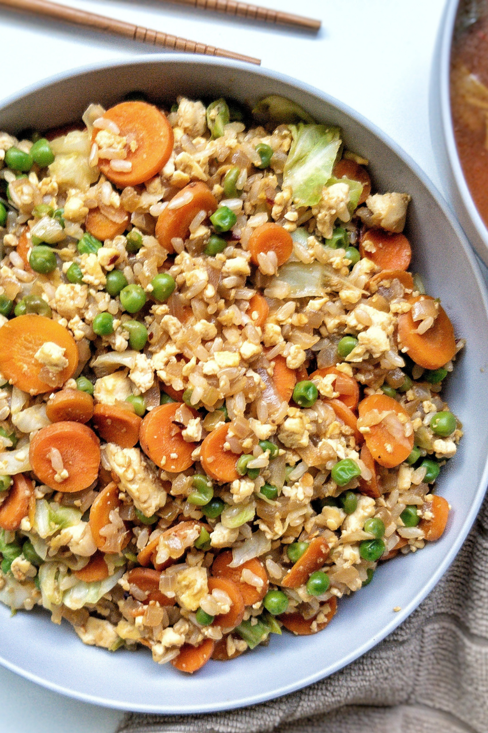 Veggie fried rice cooked without oil and served in a bowl