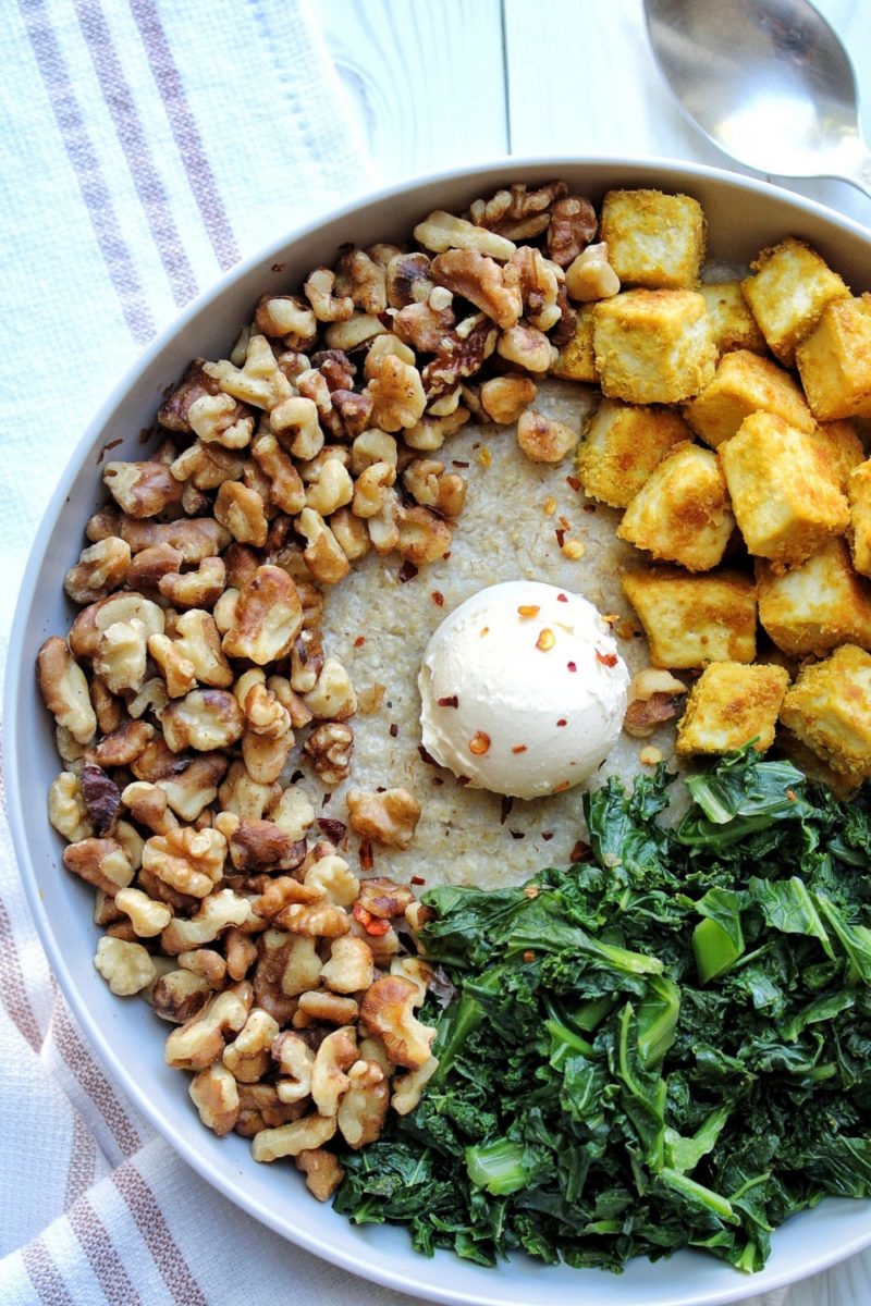 Savory Oat Bran with Tofu, Kale, and Walnuts Plant Based And Broke