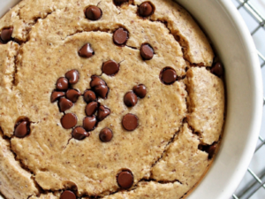 Protein baked oats topped with vegan chocolate chips.