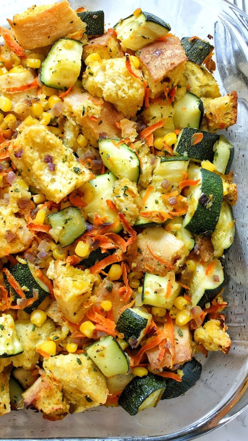 Cooked zucchini stuffing casserole in a baking casserole dish. 