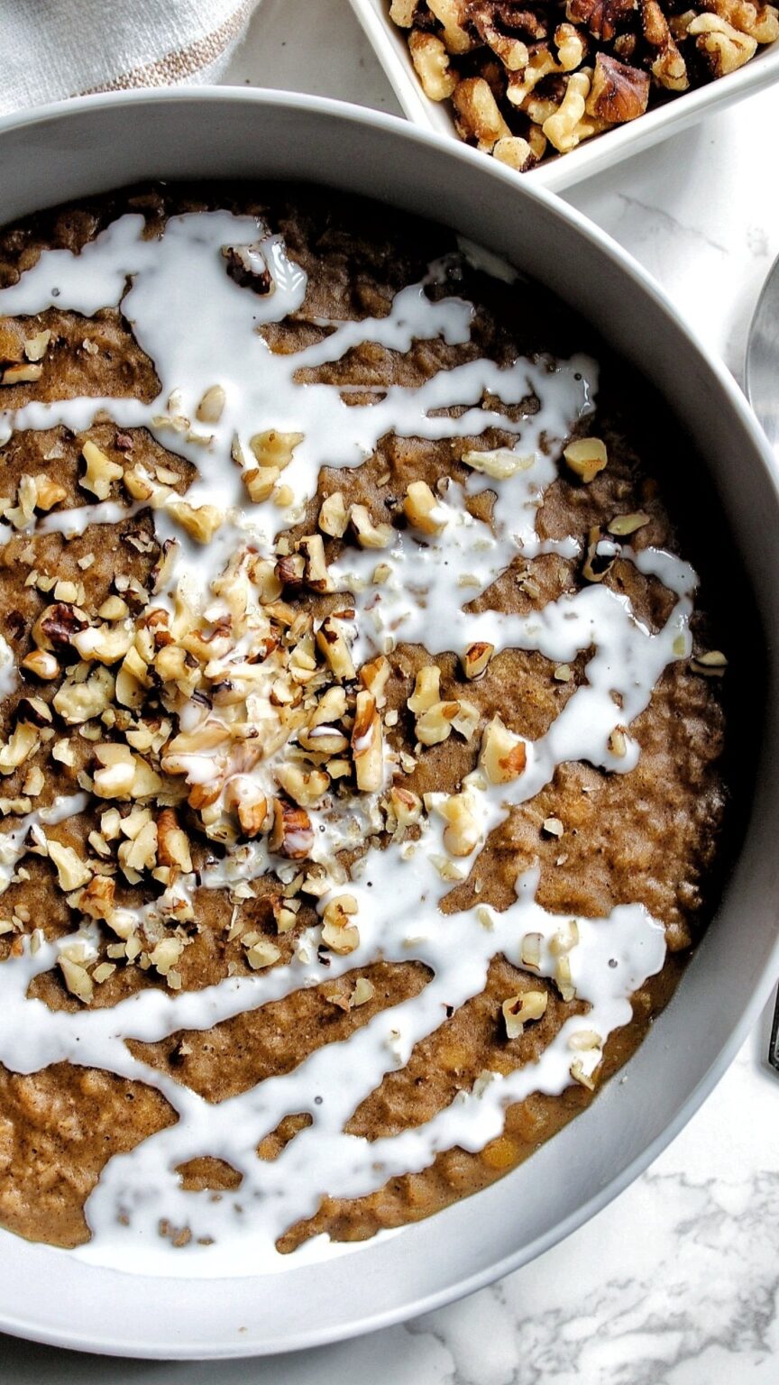 Red split lentils with a splash of coconut milk and crushed walnuts. 