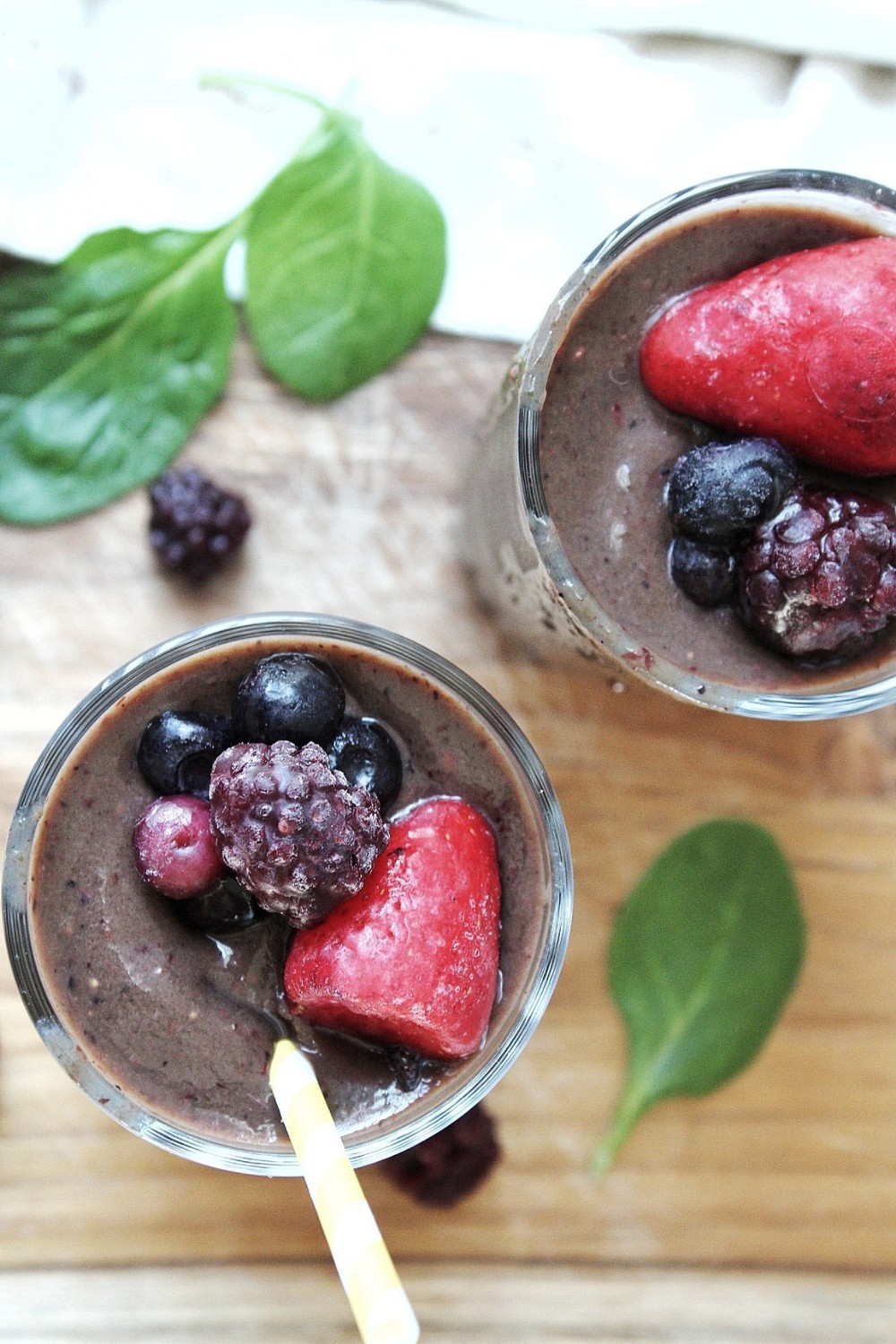 Top look of smoothie with strawberries, blackberries, and blueberries.