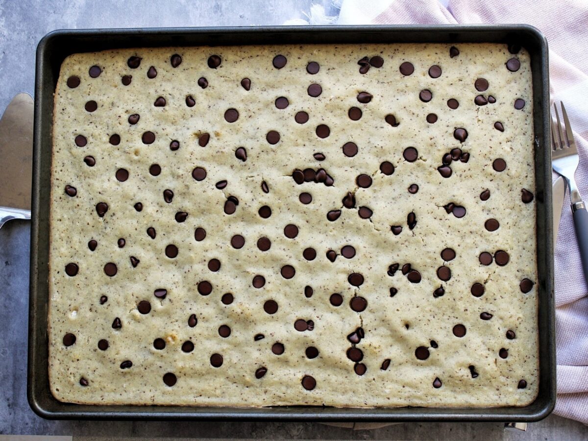 Baked chocolate chip pancakes in a sheet pan.