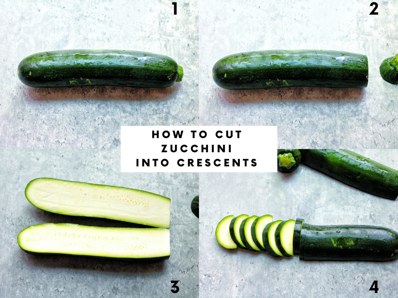 Collage with steps on how to cut zucchni into crescents. 