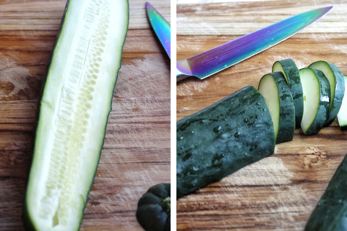 Cucumber sliced in half, lengthwise. Then, cut into half moons. 