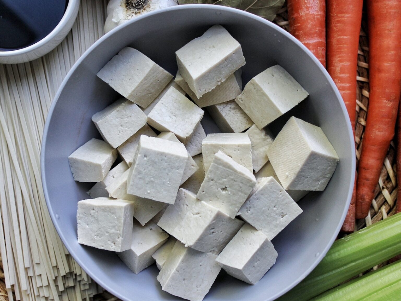 Cubed tofu in a bowl.