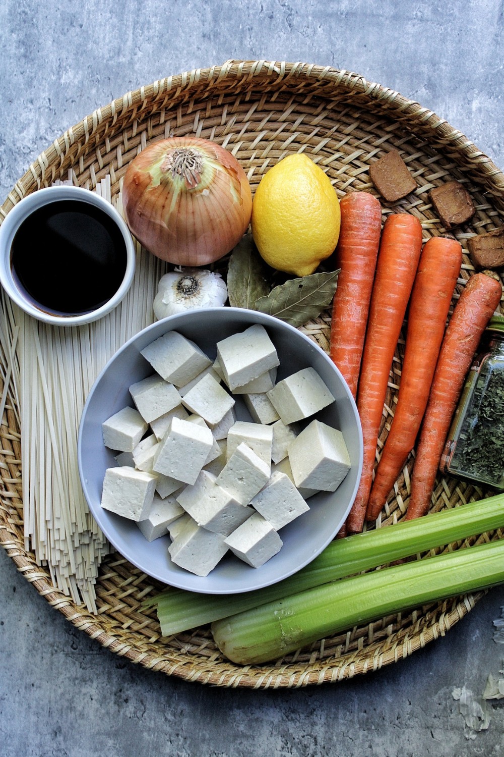 Ingredients for vegan chicken noodle soup. 