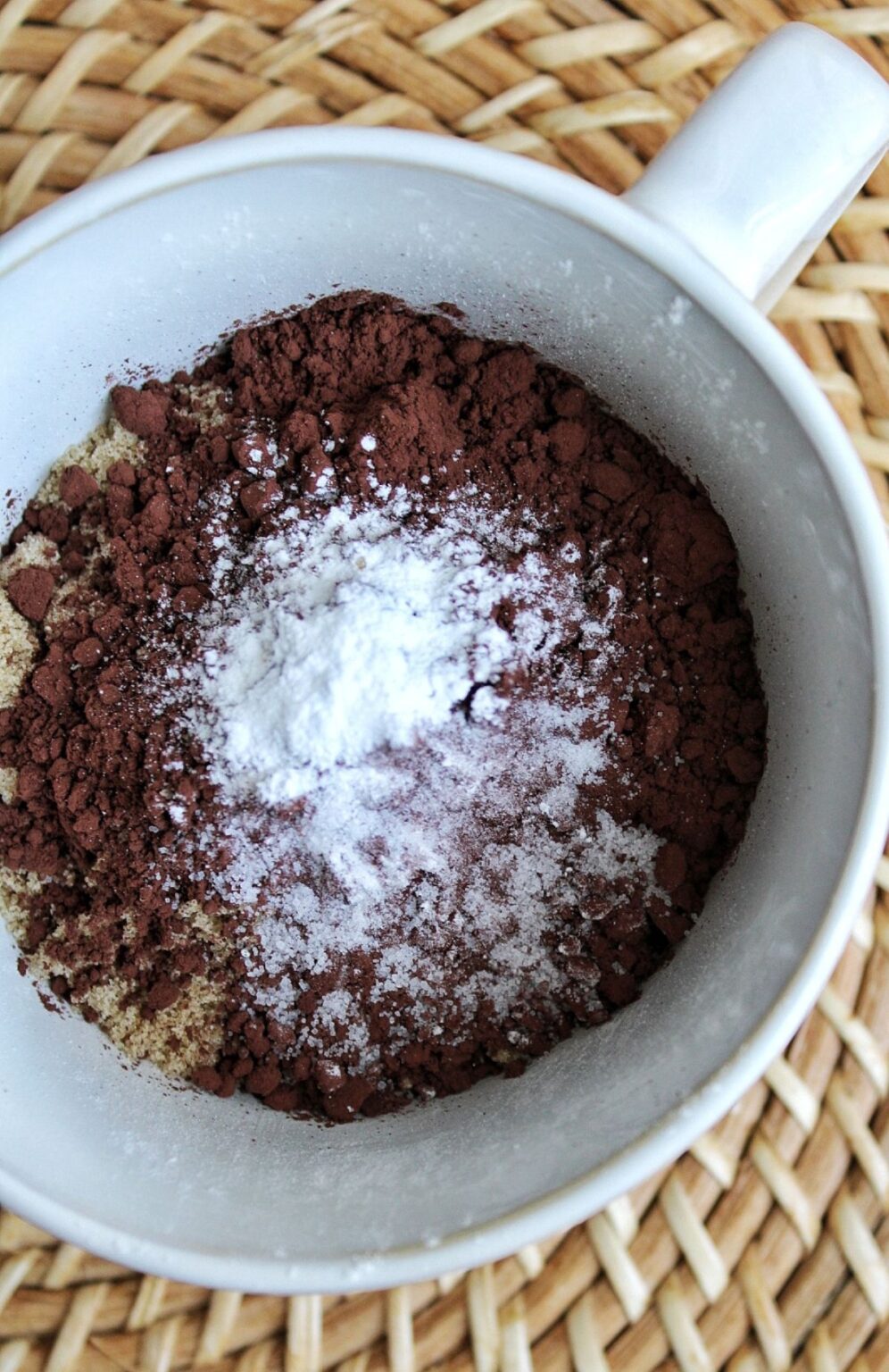 Dry ingredients for vegan chocolate mug cake. 