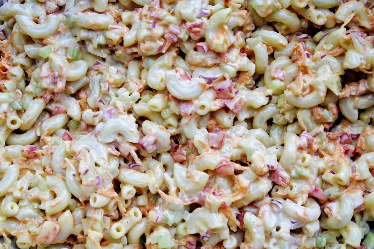 Closeup of macaroni pasta salad.