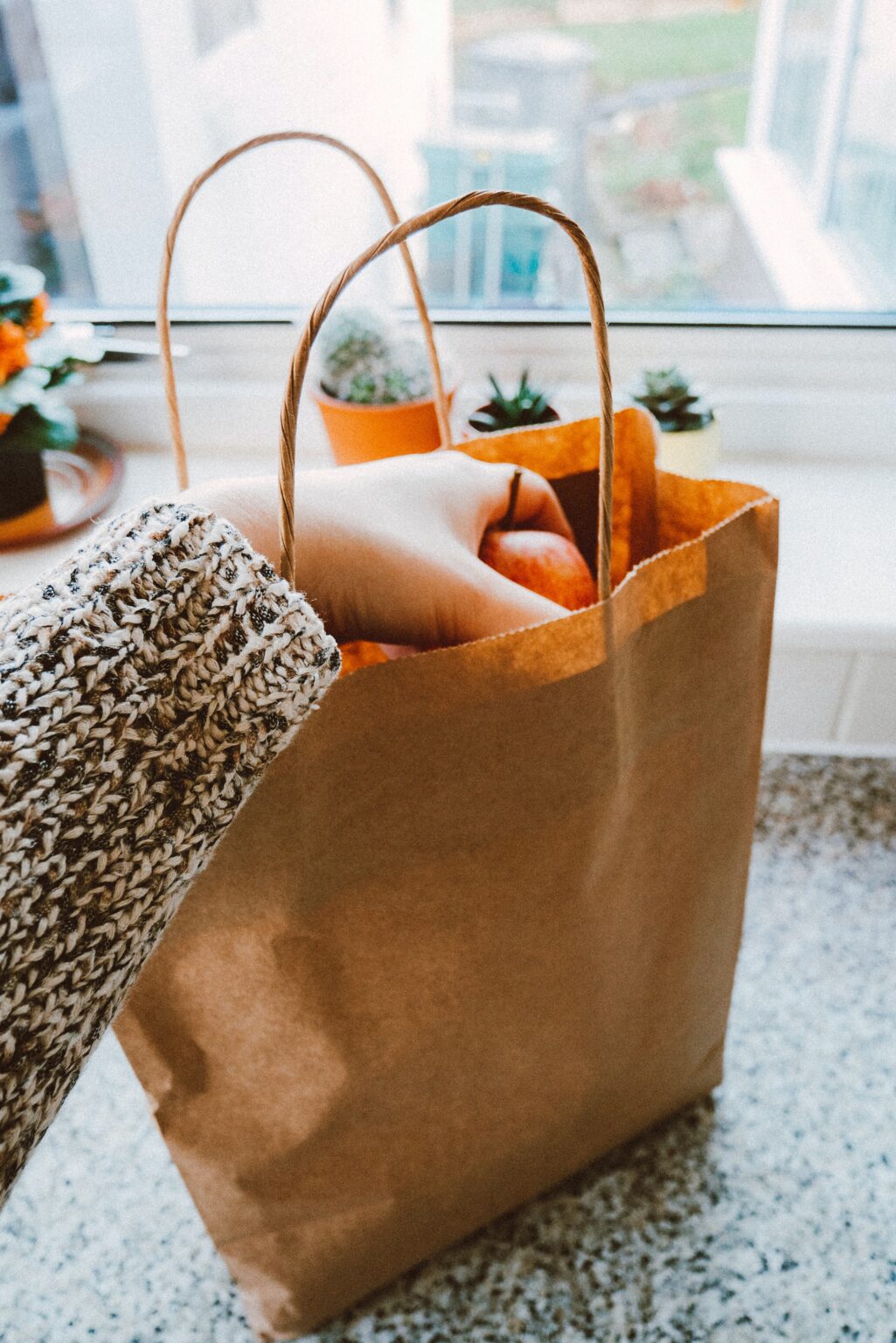 Brown paper bag with apples inside.