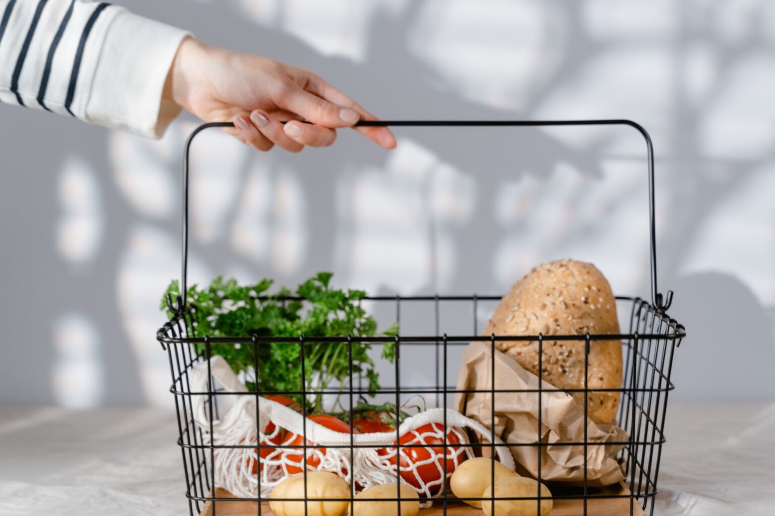 Groceries in a shopping basket.