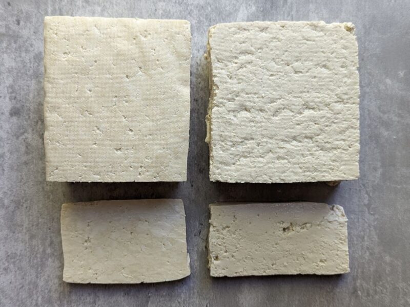 Overhead shot of super-firm tofu and extra-firm tofu.