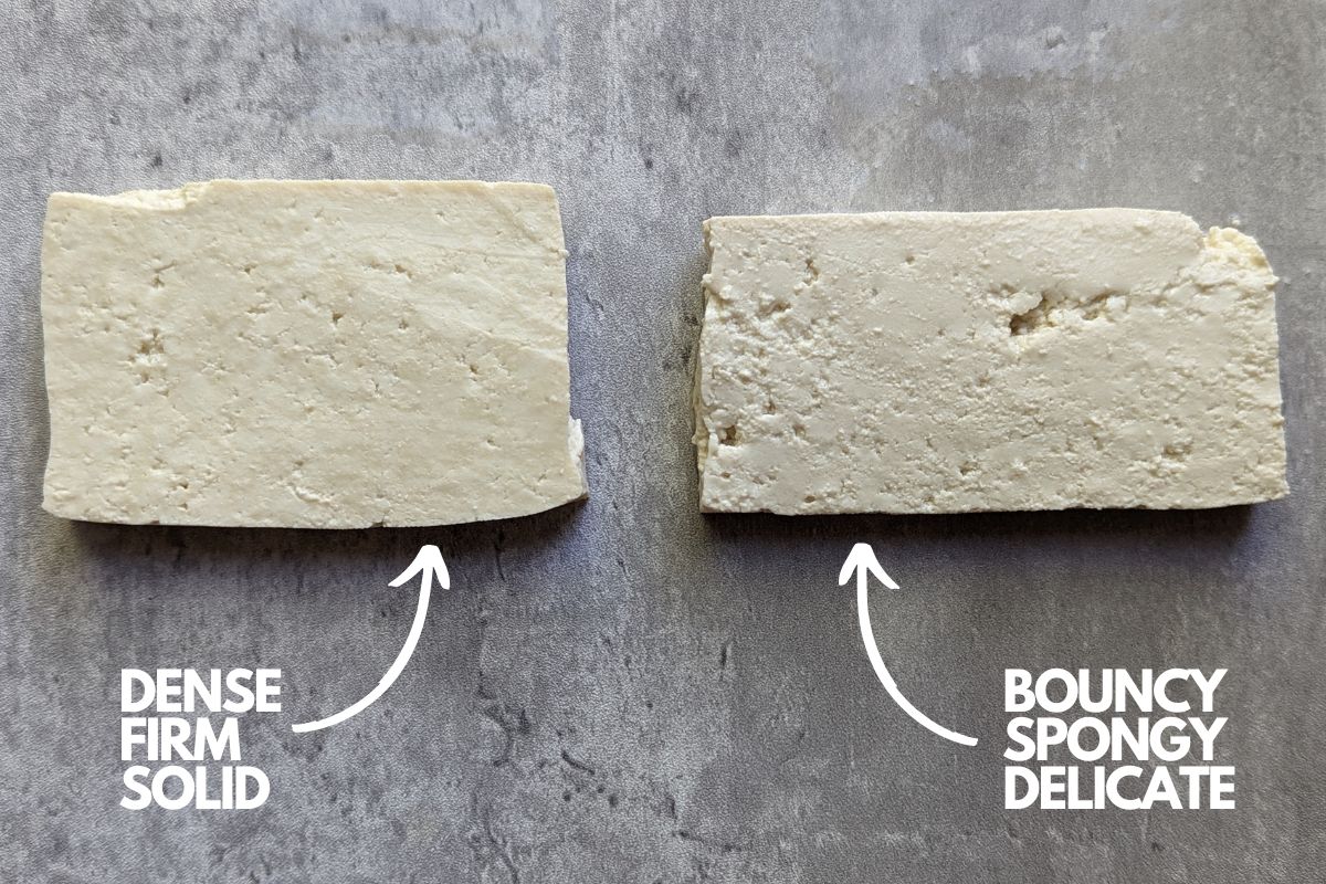 Slice of super firm and extra firm tofu side-by-side. 
