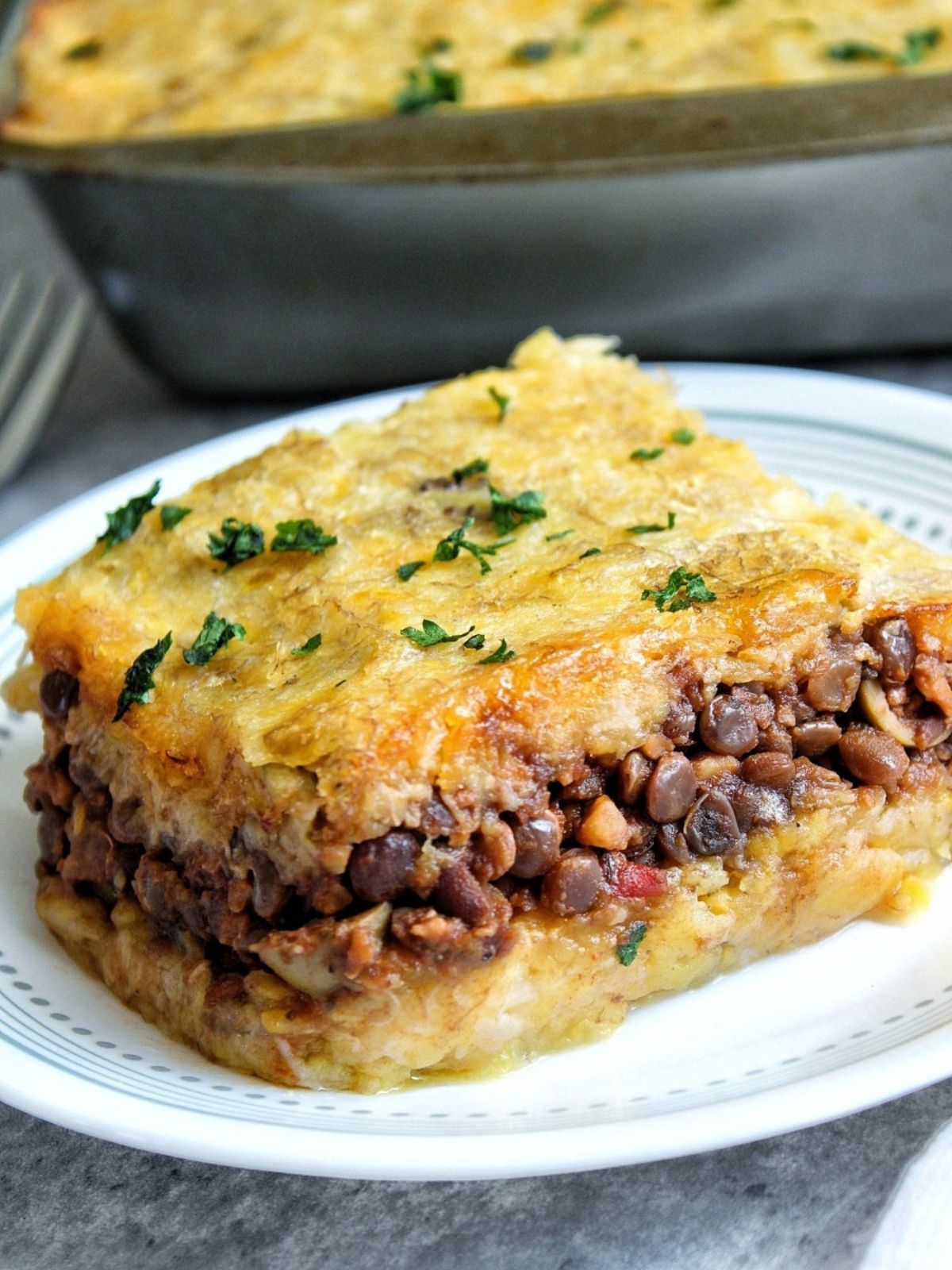 Close up of lentil vegan pastelón. 