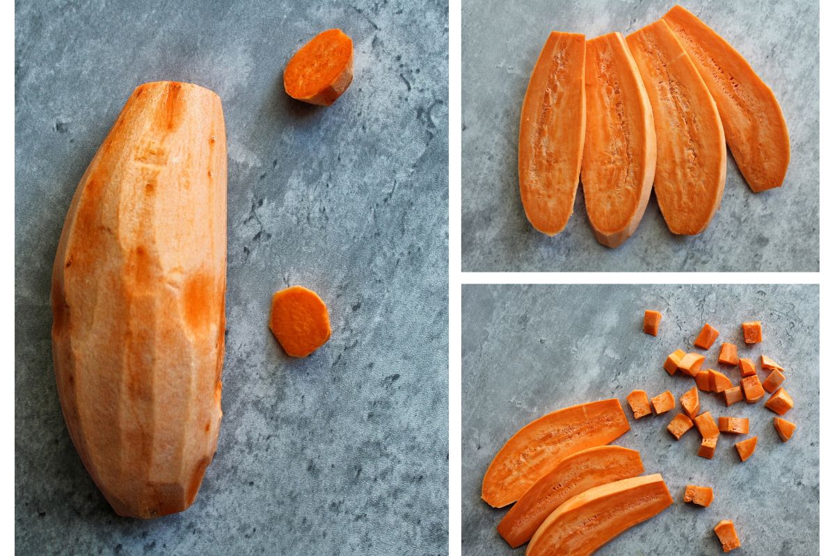 Collage showing how to chop sweet potatoes. 