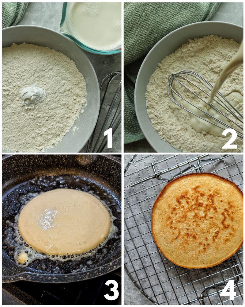 Four steps on how to make whole wheat pancakes. 