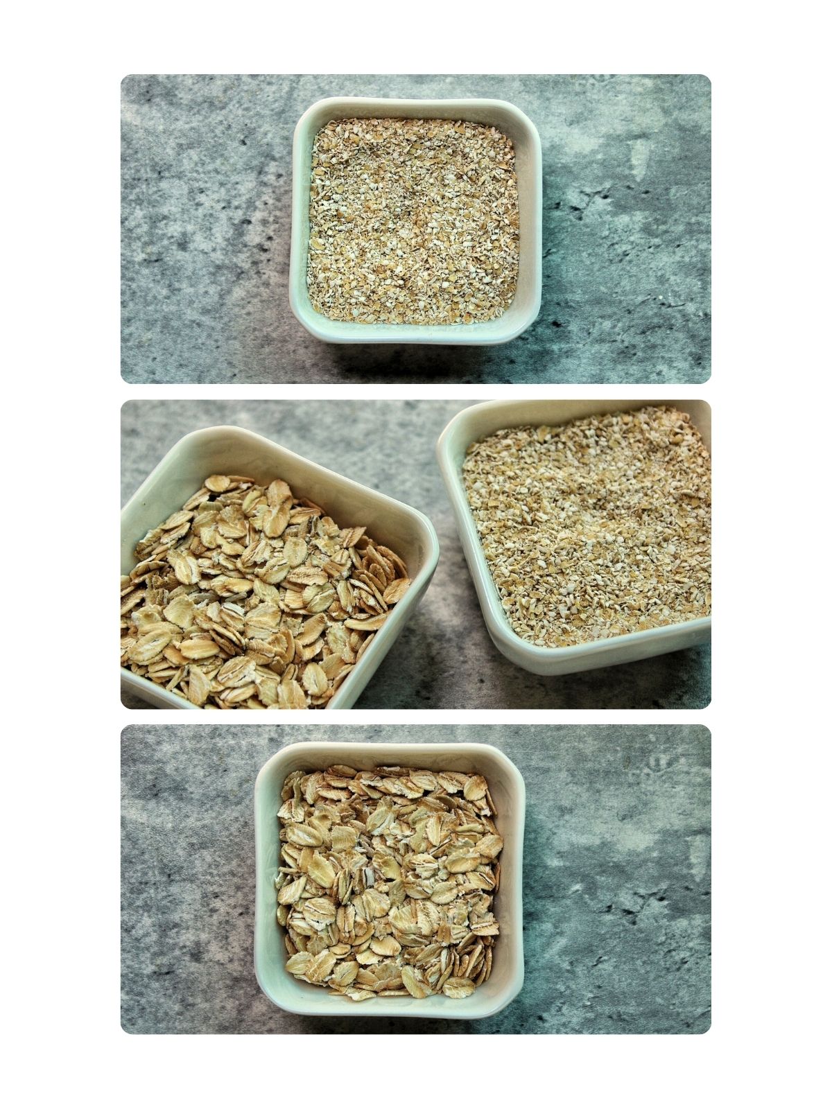 Collage with oat bran and oatmeal. 