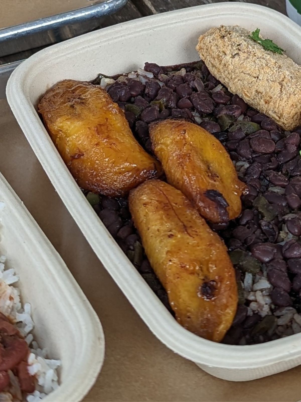 Sweet plantains or maduros with black beans. 
