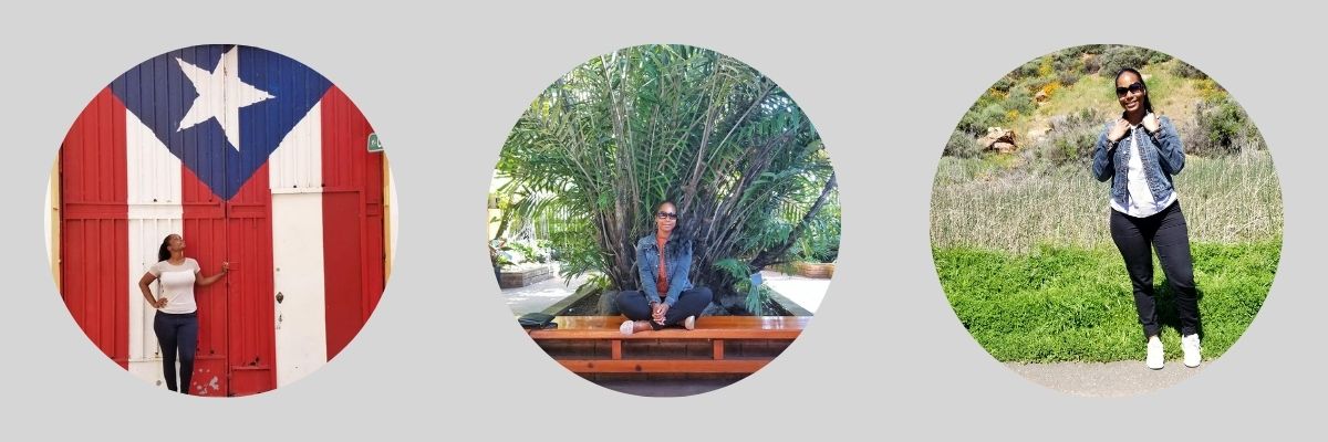 Three images of Aly Michell. In Puerto Rico, in front of a tree, and outdoors hiking.
