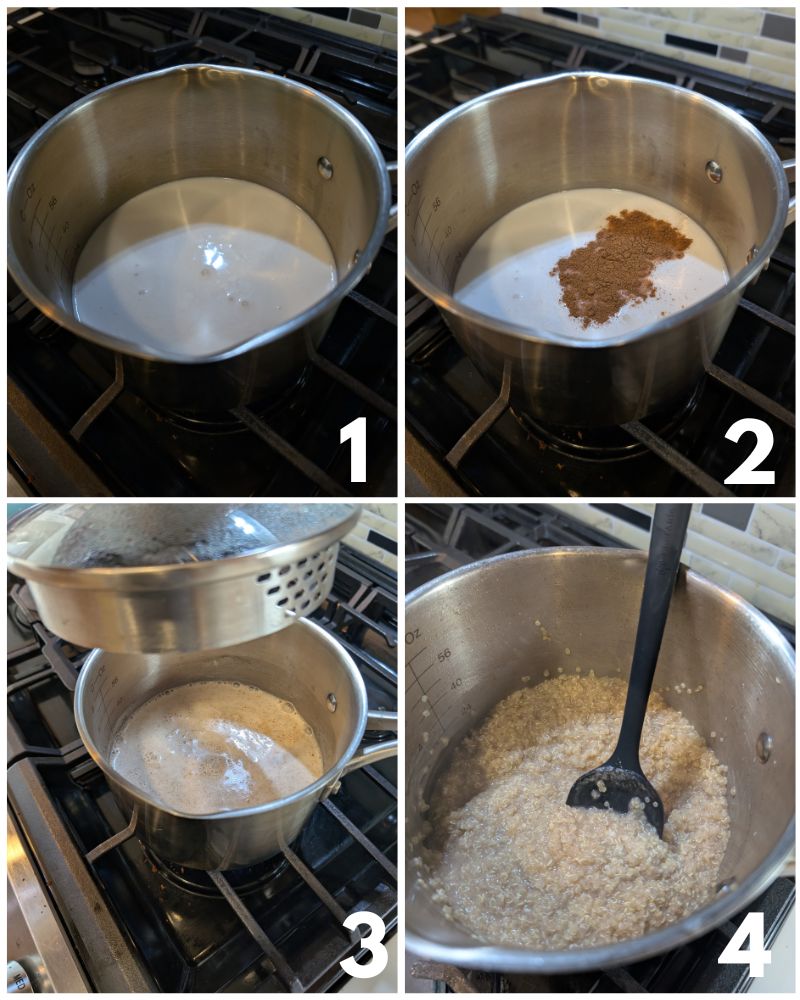 Collage for step-by-step recipe. Pot with coconut milk and water; Added cinnamon and brown sugar; simmering; end result of thick quinoa porridge. 