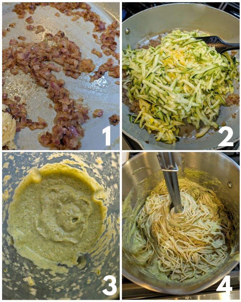 Collage. Caramalized onions, cooked zucchini, zucchini and ingredients blended, and spaghetti tossed with zucchini pasta sauce. 