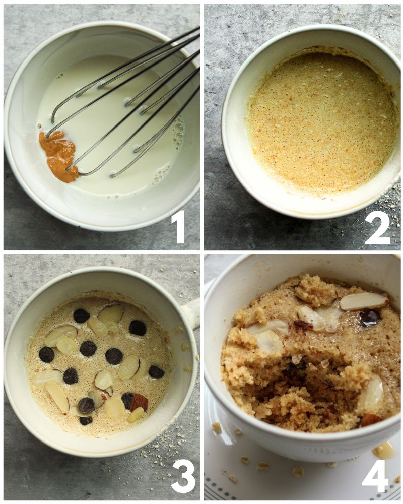 Step collage to recipe: mix wet ingredients, fold in dry ingredients, top with chocolate chips and sliced almonds, microwave result.