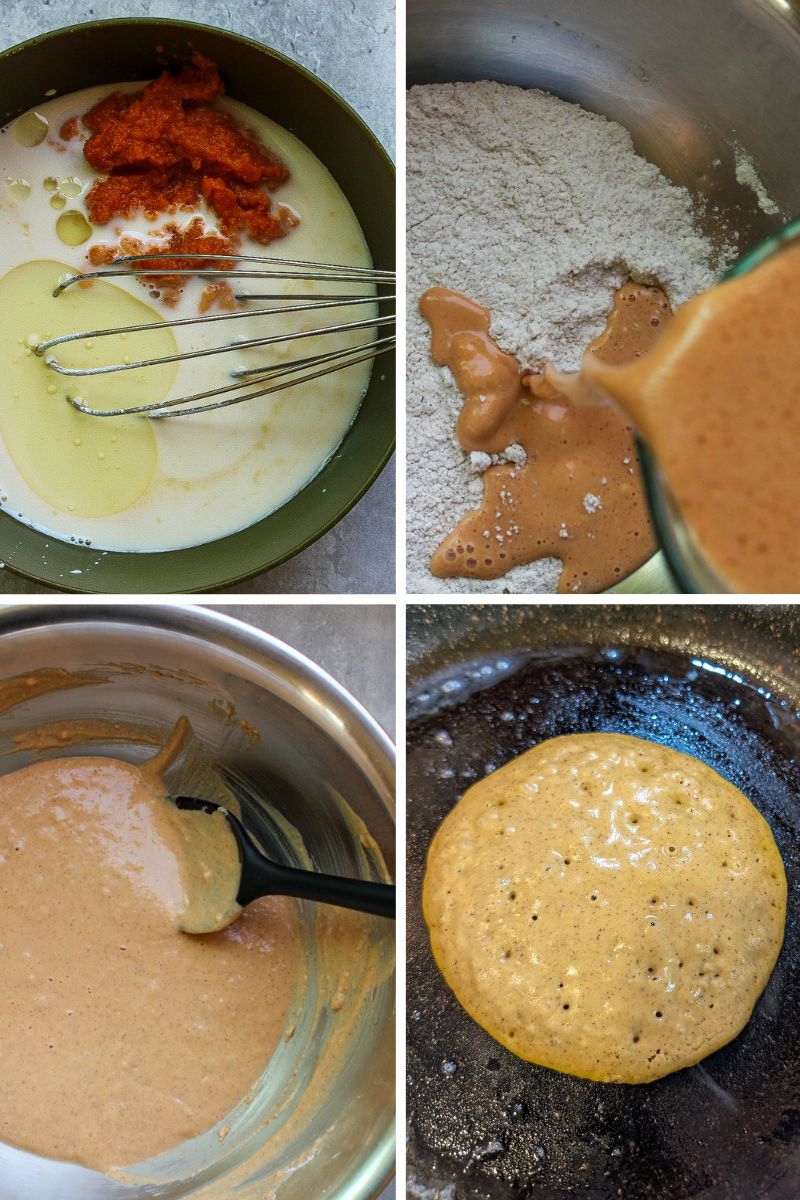 A 4-photo collage: unmixed wet ingredients in a bowl. Wet ingredients being poured into a large bowl with dry ingredients. Mixed pancake batter. Pancake cooking in a non-stick pan. 